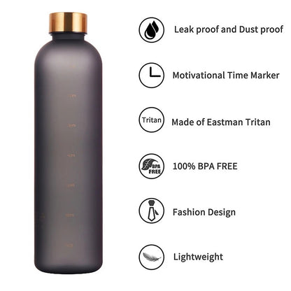 1Liter Sports Water Bottle With Time Marker Fitness Outdoor Travel Portable Leakproof Drinkware BPA Free Frosted Drink Bottles