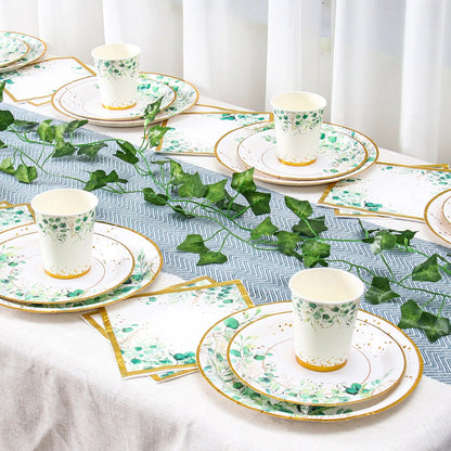 Sage Green Leaves Disposable Tableware Gold Edge Paper Plate Cup Napkins Wedding Decor Birthday Hawaiian Party Decoration