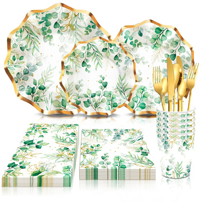 Eucalyptus Leaves Pattern Disposable Tableware Set Wedding Plates Paper Napkins Cups Baby Shower Birthday Party Table Decoration