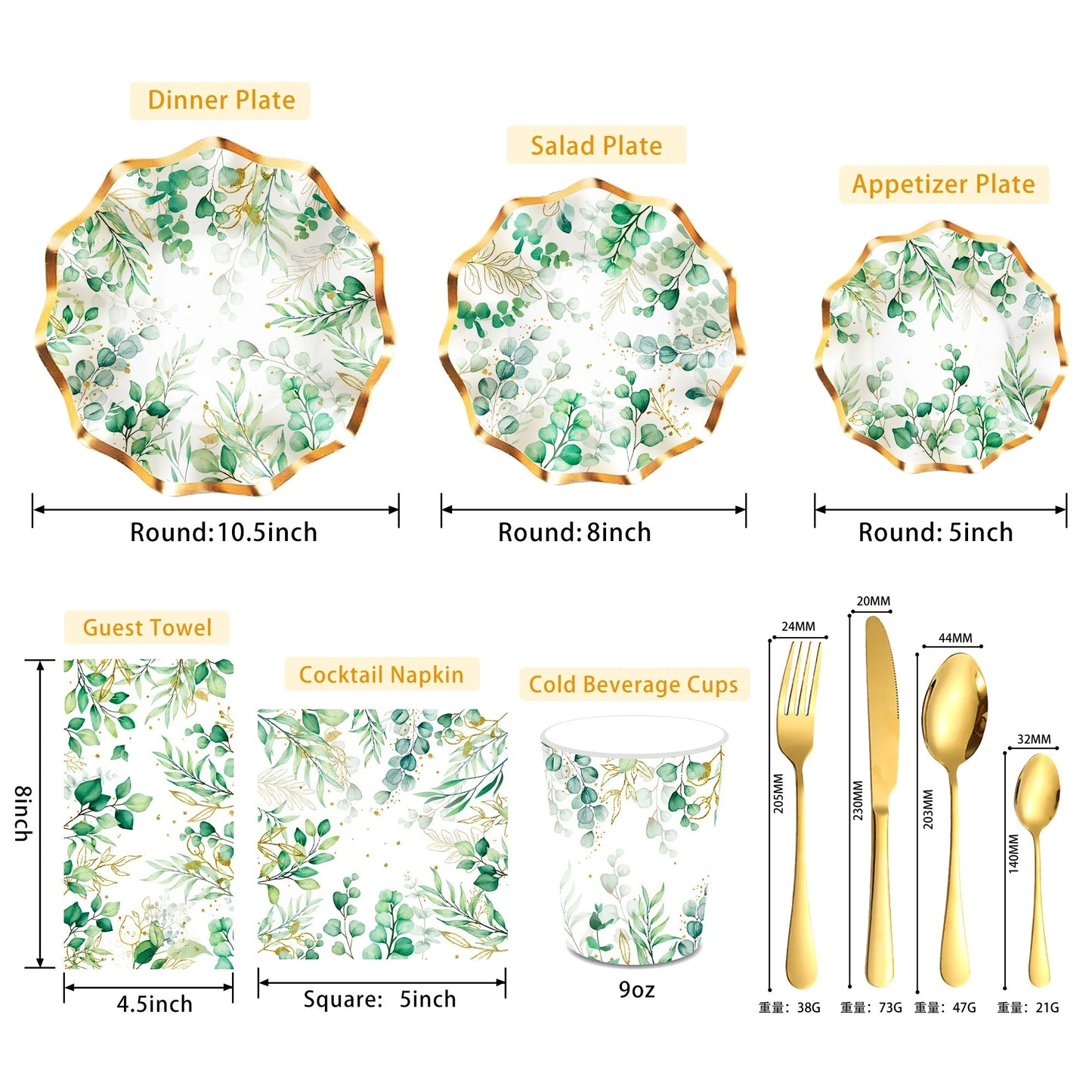 Eucalyptus Leaves Pattern Disposable Tableware Set Wedding Plates Paper Napkins Cups Baby Shower Birthday Party Table Decoration