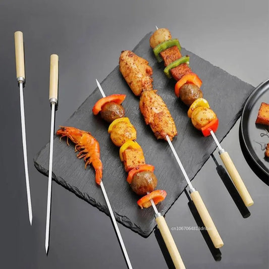 Stainless Steel Wooden Handle Barbecue Barbecue Pin Mutton Skewer Round Sign Flat Iron Skewer Barbecue Cookware Bbq Tools