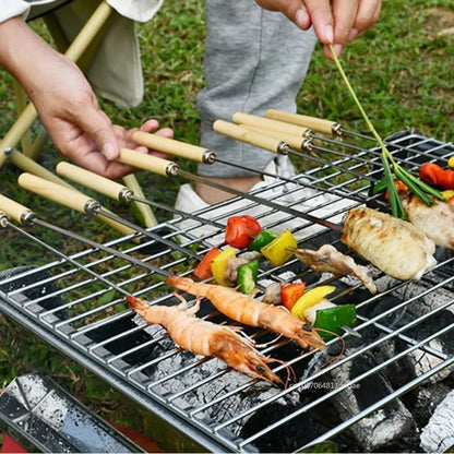 Stainless Steel Wooden Handle Barbecue Barbecue Pin Mutton Skewer Round Sign Flat Iron Skewer Barbecue Cookware Bbq Tools