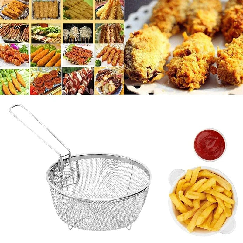 French Chip Frying Strainer Basket Stainless Steel Deep Fry Basket Kitchen Round Fryer Wire Mesh With Handle Wire Colander Nets