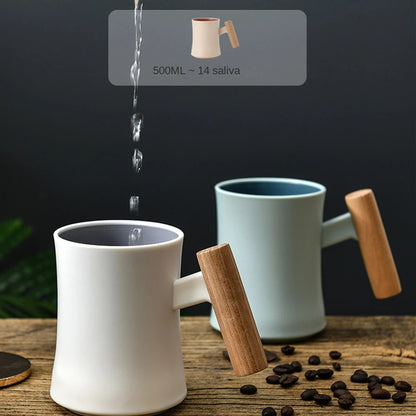 Nordic Wooden Handle Ceramic Porcelain Mug Coffee Cups Literary Water Tea Cup Milk Mug Coffee Cup Drinkware Coffeeware Teaware