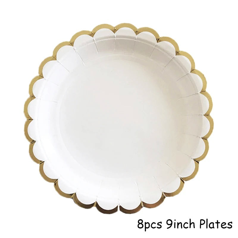 White Disposable Tableware Set Party Gold Paper Plate Wedding Necessitie Birthday Party Baby Shower Decorations Wedding Supplies